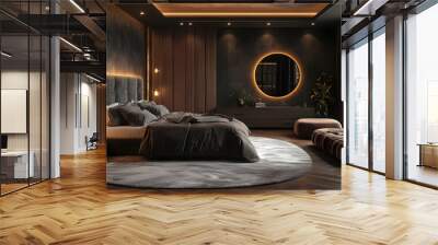 A modern bedroom with a large bed, a round mirror, and a large window overlooking a forest. Wall mural