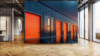 A modern storage facility with orange roll-up doors reflecting on a wet surface at sunset. Wall mural