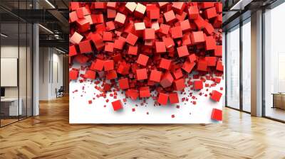 A pile of red cubes scattered on a white surface, creating a vibrant visual effect. Wall mural