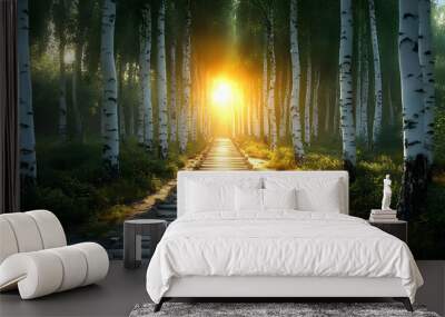 A serene forest path illuminated by sunlight, inviting exploration and tranquility. Wall mural