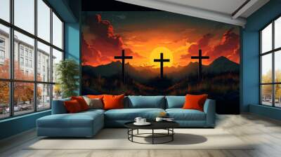 A serene sunset scene featuring three crosses against a mountainous backdrop. Wall mural