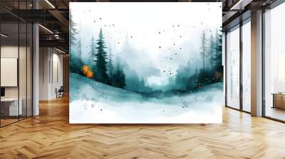 A serene watercolor landscape featuring tall trees and soft, misty hills. Wall mural