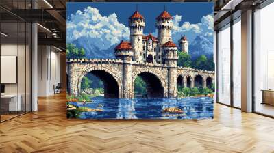 A stone bridge leads to a medieval castle with red roofs and two towers, all under a blue sky with white clouds. Wall mural