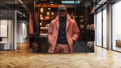 A stylish young man wearing a pink coat, gray sweater, and a cap, posing in a clothing store with racks of clothes in the background. Wall mural