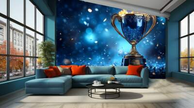 A trophy with flames, set against a blue background with confetti. Wall mural