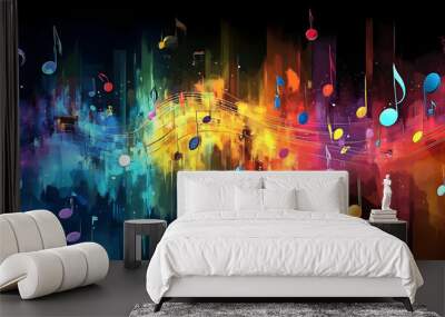 A vibrant abstract representation of music with colorful notes and sound waves. Wall mural