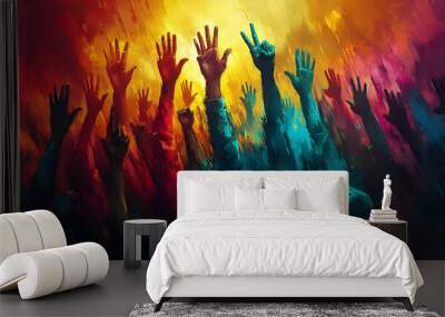 A vibrant depiction of raised hands, symbolizing unity and celebration. Wall mural