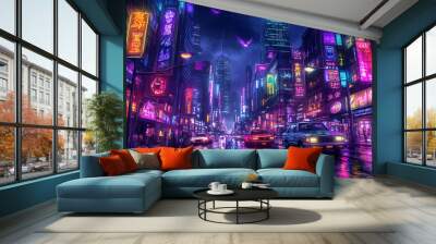 A vibrant neon cityscape illuminated by colorful signs and reflections. Wall mural