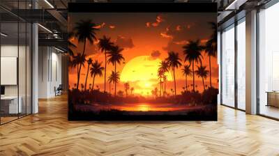 A vibrant sunset over a tropical landscape with palm trees and a serene water reflection. Wall mural