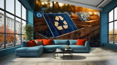 A wooden box with a solar panel featuring a recycle symbol in the afternoon sun. Wall mural