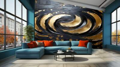 Abstract art featuring swirling black and gold patterns. Wall mural