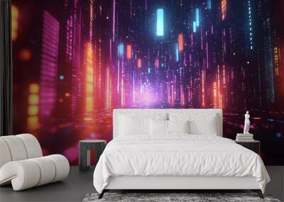 Abstract digital city with neon lights and glowing lines in a dark background. Wall mural