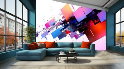 Abstract digital composition with colorful geometric shapes and dynamic movement. Wall mural