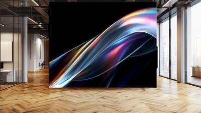 Abstract iridescent wave on black background. Wall mural