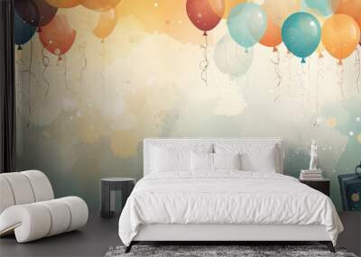 birthday backgrounds for a child's room featuring a colorful array of balloons, including blue, orange, and red, arranged against a wall a black box and a black bow add a touch of Wall mural