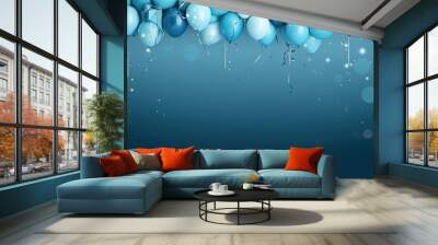 blue birthday background with balloons in the air, featuring a blue balloon on the left Wall mural