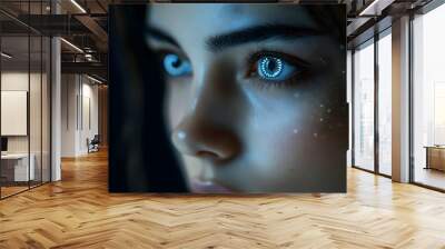 Close-up of a woman's eye with blue glowing contact lenses. Wall mural