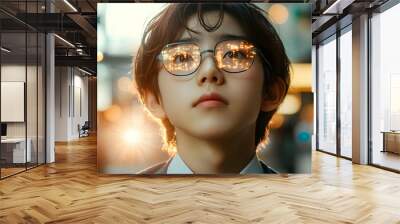 Close-up of a young person wearing glasses, looking up with city lights reflected in the lenses. Wall mural