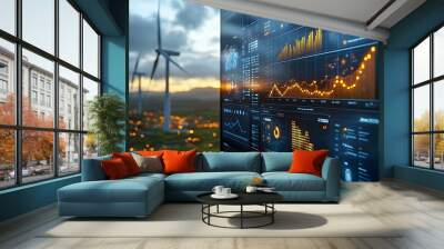 Computer screen with data and graphs, wind turbines in the background. Wall mural