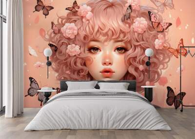 Digital Illustration of a Girl with Pink Hair and Butterflies Wall mural