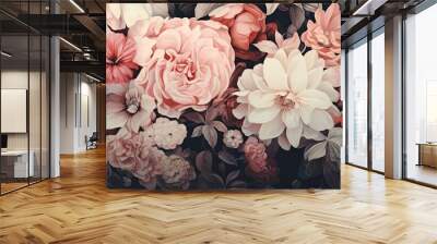 floral texture of pink and white flowers on a black background Wall mural