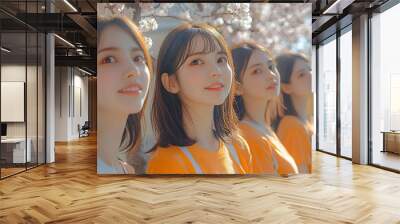 Four Women Smiling in Yellow Shirts  Beside Blossoming Tree Wall mural