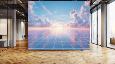 Futuristic Grid Landscape with Sunset Clouds. Wall mural