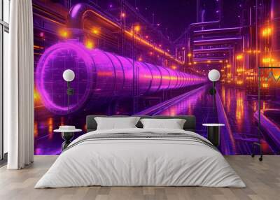 Futuristic Industrial Complex with Glowing Pipes Wall mural