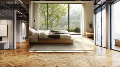 Minimalist bedroom with wooden floor and large windows overlooking a green garden. Wall mural