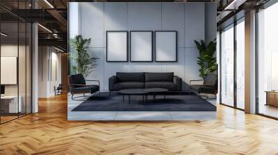 Minimalist living room with a grey concrete wall, large windows, a black sofa, two armchairs, and a coffee table. Wall mural