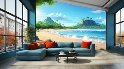 moana background featuring a serene beach scene with a green tree, blue sky, and white clouds, framed by a large gray rock Wall mural