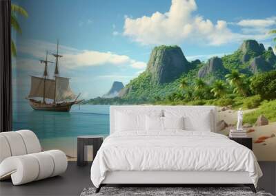 moana background featuring a serene blue sky and water with white clouds, framed by a lush green tree and a large rock Wall mural