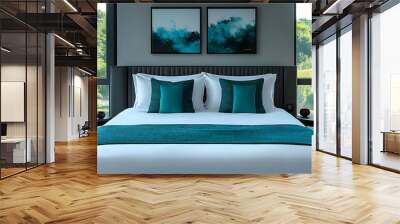 Modern bedroom interior with large windows, white bed, teal bedding and pillows, two black side tables and two framed abstract paintings on the wall. Wall mural