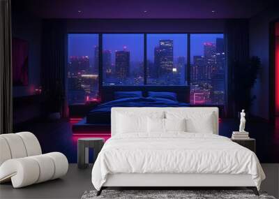 Modern bedroom with a view of the city skyline at night. Wall mural