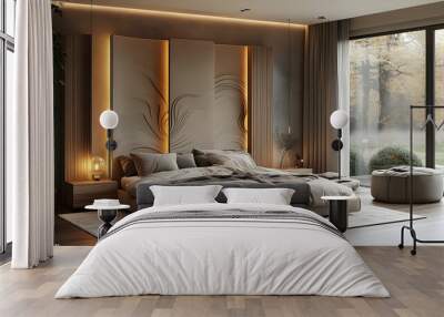 Modern bedroom with large windows, a comfortable bed, and a patterned headboard with warm lighting. Wall mural