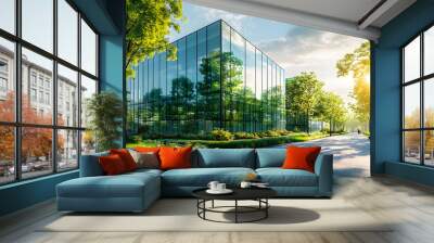 Modern glass building with a landscaped walkway and trees. Wall mural