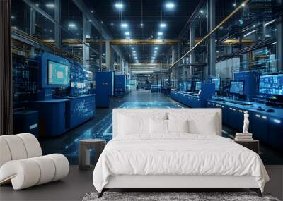 Modern industrial factory interior with glowing blue digital interface on floor. Wall mural