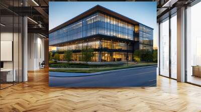 Modern office building at dusk with landscaped grounds. Wall mural