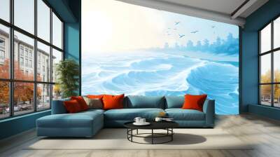 Ocean Waves Crashing on Shore with Birds Flying Above Wall mural