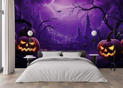 purple halloween background featuring a variety of pumpkins, including orange, yellow, and orange - and - yellow pumpkins, with a black bird perched on a branch in the foreground Wall mural