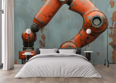 Rusty industrial robotic arm against a weathered background. Wall mural