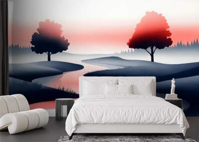 Serene River Winding Through Misty Landscape with Two Trees Wall mural