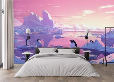 soothing penguins on icebergs under a pink sky Wall mural