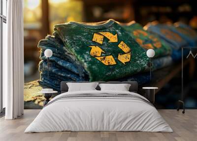 Stack of folded shirts with recycle symbol. Wall mural