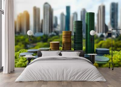 Stacks of coins with cityscape background on green moss. Wall mural