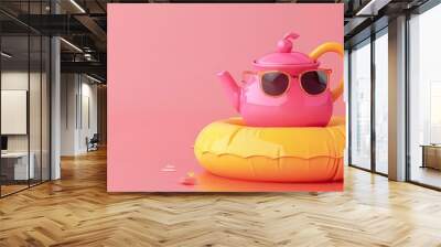 summer minimal concept with a teapot and sunglasses on a pink background Wall mural