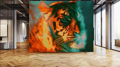 Tiger Portrait in Orange and Teal Illustration Wall mural