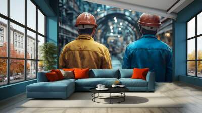 Two construction workers wearing hard hats standing in an industrial setting. Wall mural