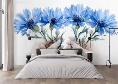 Two hands holding blue flowers, symbolizing beauty and nature. Wall mural