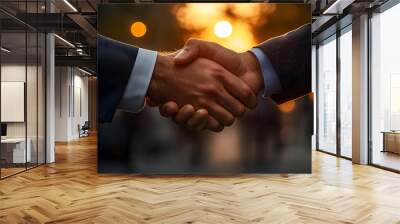 Two hands shaking in a business agreement at sunset. Wall mural